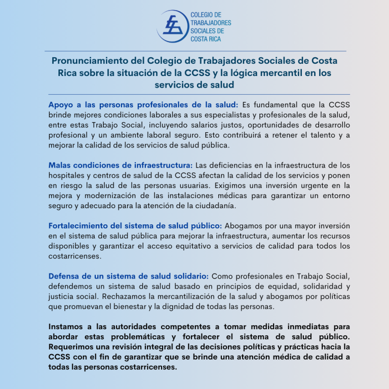 Pronunciamiento del Colegio de Trabajadores Sociales de Costa Rica sobre la situación de la CCSS y la lógica mercantil en los servicios de salud